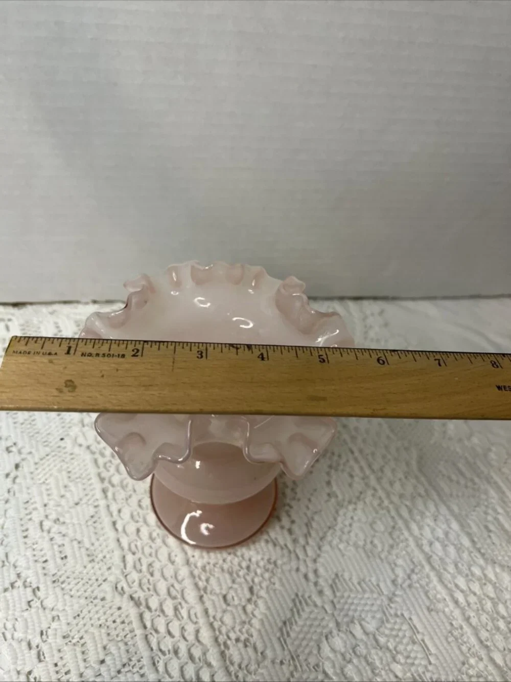 Fenton Glass Pink Melon Overlay Vase Ruffle Top 6.25